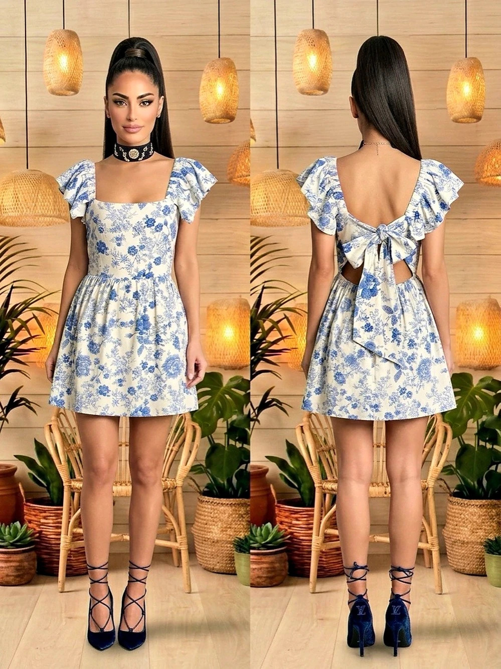 Butterfly Sleeve Mini Dress Bow Tie Back And Cutout